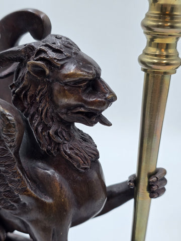 Rare Pair of Antique Late 19th C Heavy Bronze Griffin bookends/ Candleholders.