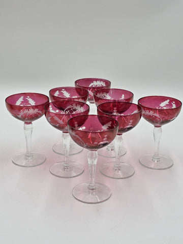 Rare Set Of 8 Antique Edwardian Wine Cranberry Glass Engraved Etched & Pitcher.