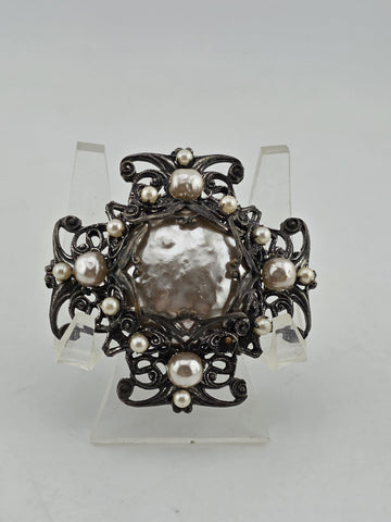 VTG 1950s Signed Miriam Haskell Brooch Pin 1 7/8 Filigree Faux Pearls Ornate
