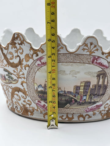 Chinese Export Porcelain Jardiniere C 1920 European Harbor Scene Gilt Cachepot