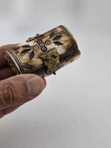 Antique Camel Bone Brass Cut Out Jewelry Trinket Box With Blue Felt Lining
