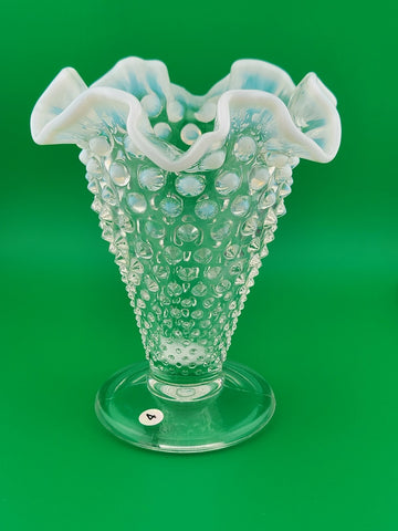 Vintage Fenton Hobnail Pearlized Wavy Edge Glass Footed Vase 5.75"