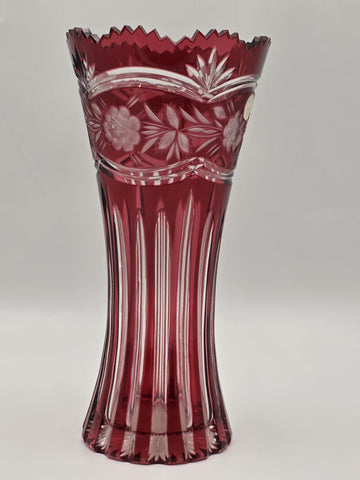 Vtg Bohemian Czech Ruby Cut To Clear Crystal Vase, Large and Heavy Crystal Vase