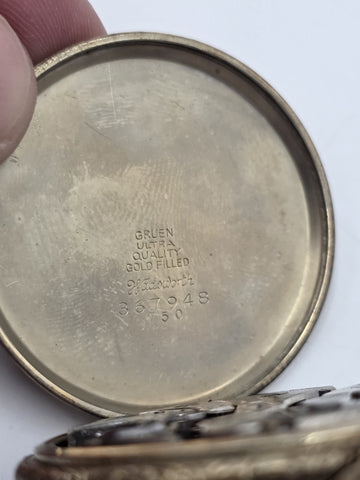 Rare Antique 1920 Gruen Guild 19  Pocket Watch GF Wadsworth Case Swiss. Works