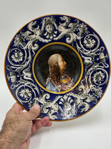 Antique Pair Of Ginori Doccia Renaissance Revival Majolica Portrait Plates c1880