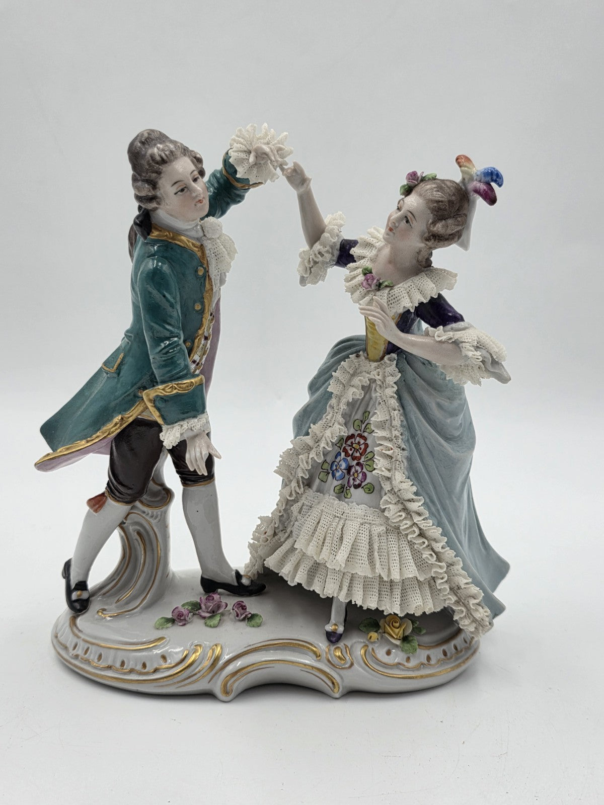 Vintage German Dresden Lace Porcelain Courting Couple Figurine Hand Painted 7.5"