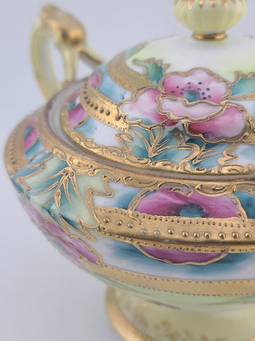 1920's Antique Nippon Hand Painted Sugar & Creamer Set Raised Gold Art Nouveau