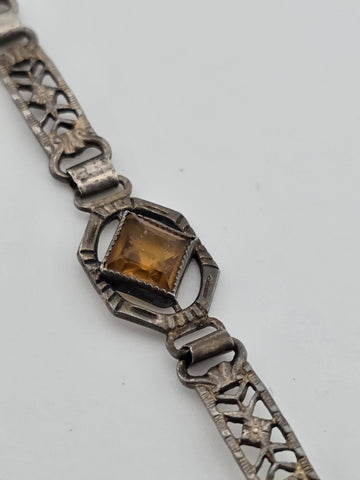Antique 1920's Art Deco Sterling Silver Amber Glass Filigree Bracelet. 6.25 In.