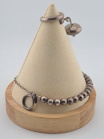 Unique Set Of Sterling Silver Beaded Bracelet & Ring 925 Toggle Clasp w/ Charm