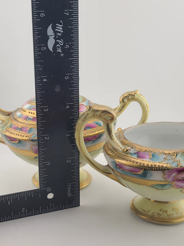 1920's Antique Nippon Hand Painted Sugar & Creamer Set Raised Gold Art Nouveau