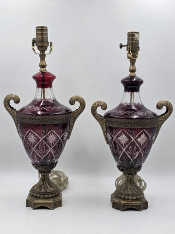 Pair Bohemian Ruby Red Crystal Lamp, Cut-to-Clear Czech Glass, Hollywood Regency