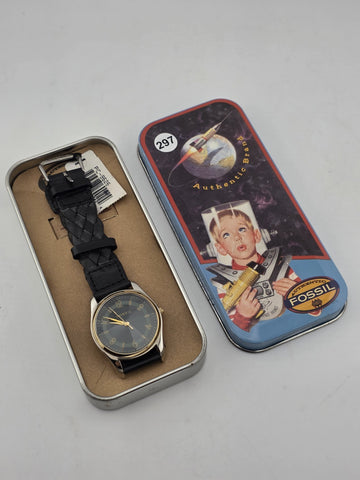 NIB Fossil PC-9626 Gold Tone Black Dial Quartz Watch Leather Strap 36mm