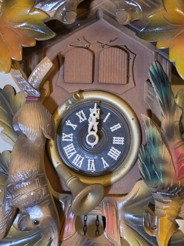 Vtg German Regula Black Forest Hunter Musical Cuckoo Clock 3 Weight Carved. Read