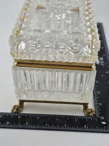 French Baccarat Style Jewelry Casket Footed Box Heavy Crystal Glass Hinged Lid