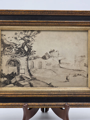 Rare Antique Framed Etching After Guercino "Ravine and Pool" Landscape Print