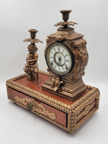 Antique 19th c. F Kroeber Clock Co New York Figural Mantle Clock W Drawer. Works