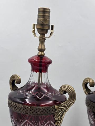 Pair Bohemian Ruby Red Crystal Lamp, Cut-to-Clear Czech Glass, Hollywood Regency