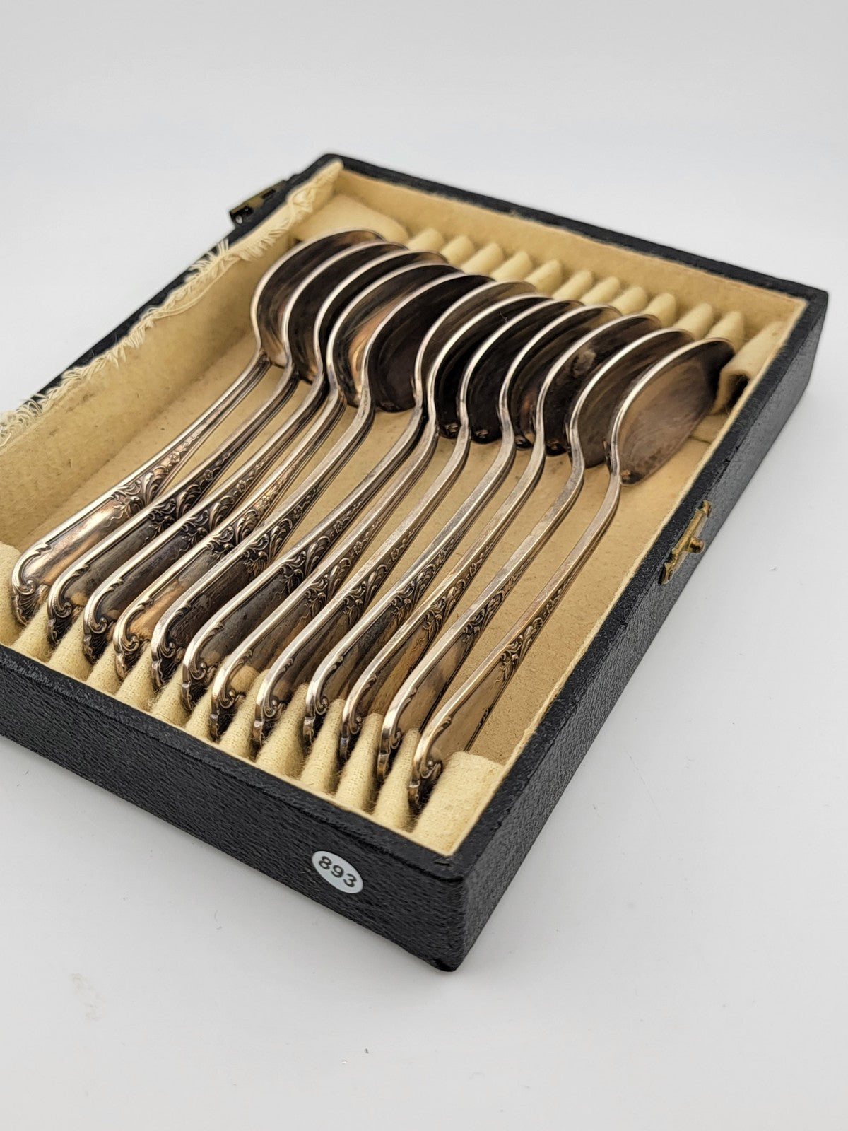Antique Set Of 12 Small Silver Plated Spoons in Case from Ercuis Pompadour.