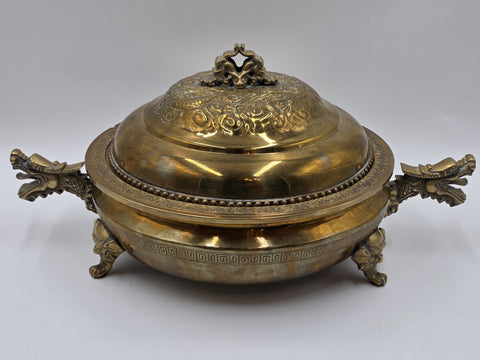 Antique Chinese Brass Dragon Handle Lidded Tureen Qing Hot Pot with Foo Dog Lid