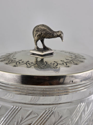 Rare 1880s Antique Hukin & Heath Biscuit Jar Cut glass & Silverplate W Kiwi Bird