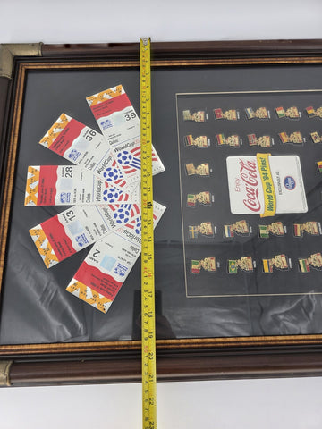 Rare Set 1994 FIFA World Cup USA Ticket Stubs + Coca Cola Pin Set Framed Display