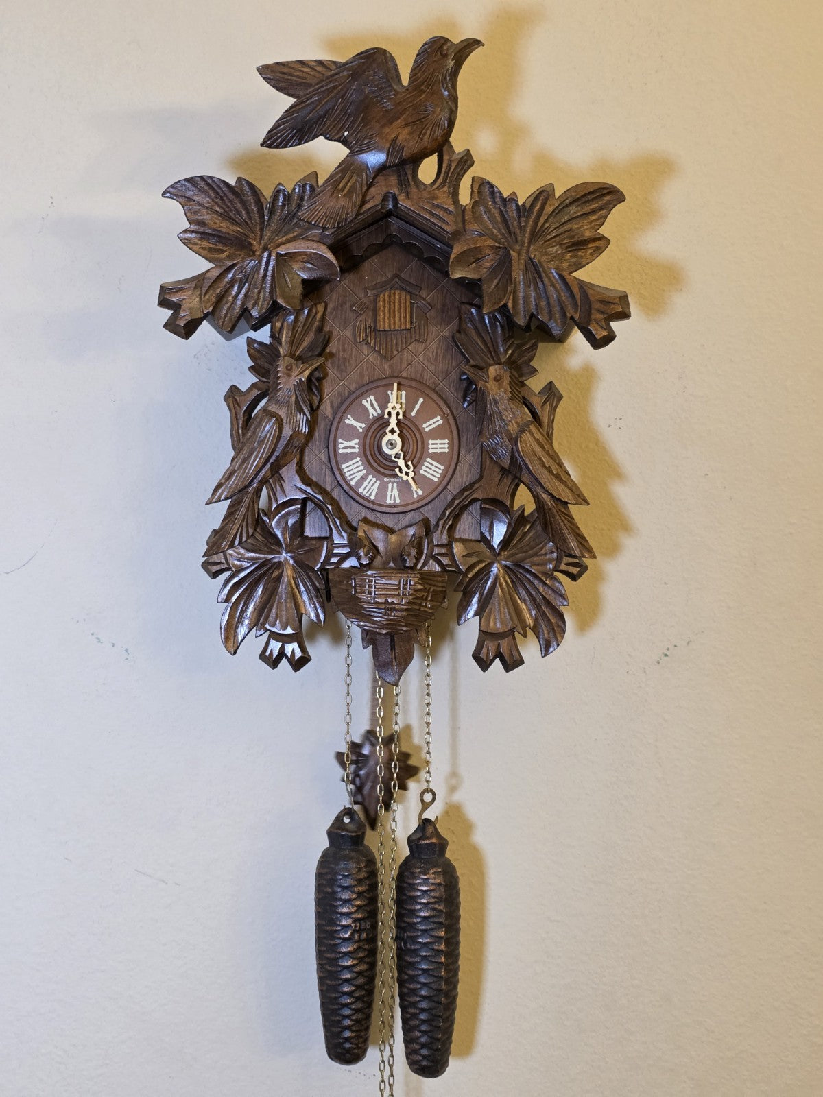 Vintage German Black Forest 8 Day Cuckoo Clock Regula 34-J Carved Birds. Works