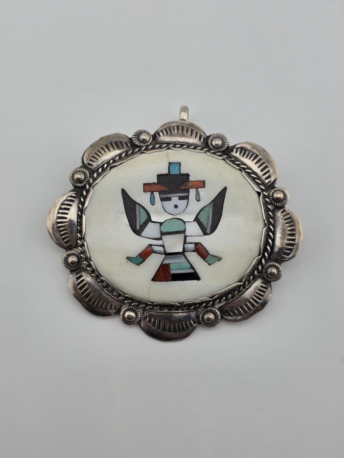 Vtg Zuni Native Kachina Turquoise Coral Inlay Sterling Silver Pin Brooch Pendant