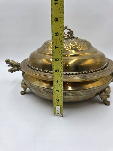 Antique Chinese Brass Dragon Handle Lidded Tureen Qing Hot Pot with Foo Dog Lid