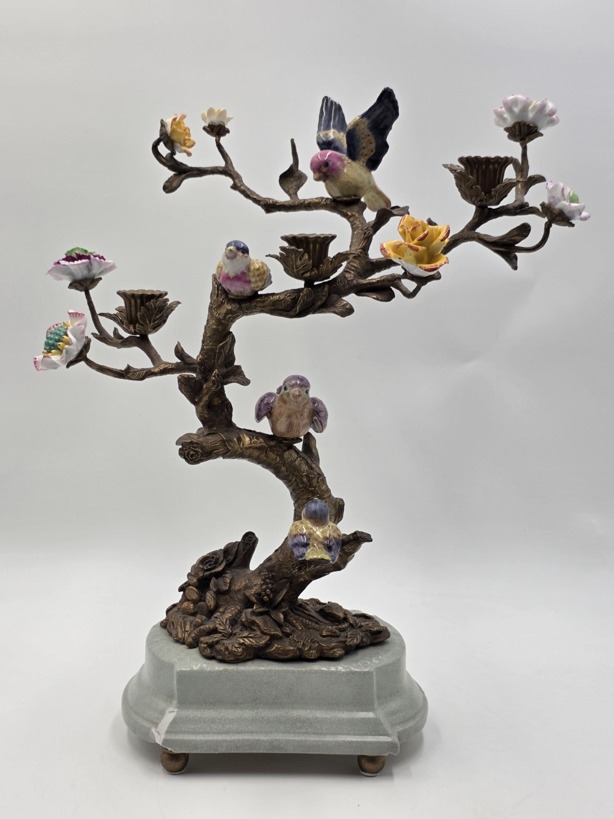 Vintage Celadon Cast Bronze Porcelain Birds Flowers Tree  Candle Holder Figurine
