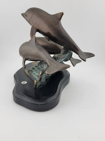 Vintage SPI Three Bronze Dolphin  Leaping Sculpture Figurine Signed  Marble Base