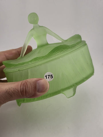 Antique Victorian Lady Uranium Vaseline Glass Trinket Powder Jar Box With Lid