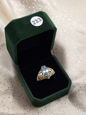Antique 14K Solid Gold Blue Topaz Marquise Ring Filigree Estate Size 8 W Box.