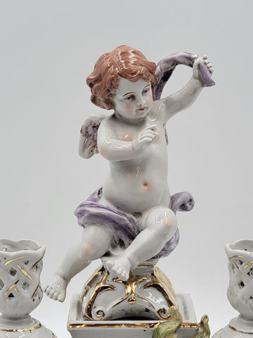 Rare Antique 19th C Porcelain Candle Holder Stand W Cherub & Flowers. Stamped.