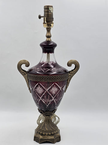 Pair Bohemian Ruby Red Crystal Lamp, Cut-to-Clear Czech Glass, Hollywood Regency