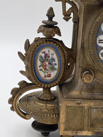 Private: 19th Century Brass & Porcelain Mantel Clock w Eight Day Movement. Works