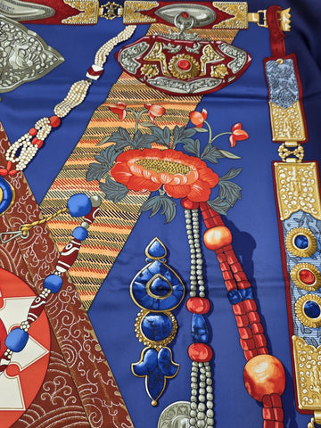 Hermès Silk Scarf 90 “Tibet” Cathy Latham Blue Red Gold Tibetan Jewelry Motif