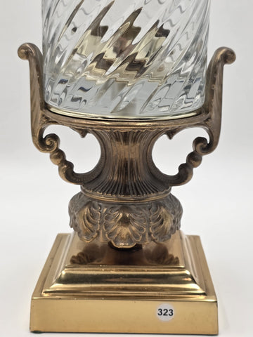 Antique 17" Crystal Hurricane Vase Lamp Base Brass Urn Hollywood Regency Decor