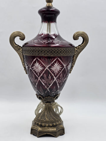 Pair Bohemian Ruby Red Crystal Lamp, Cut-to-Clear Czech Glass, Hollywood Regency
