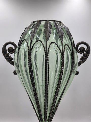 Rare Antique 19th C Murano Green Caged Blown Glass Urn Vase Centerpiece. 23 In