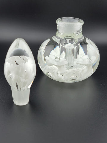 Vintage Joe St. Clair Art Glass Perfume bottle White Flowers Paper Weight Style