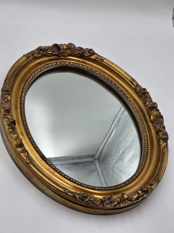 Antique Hand Carved Gilt Wood Oval Mirror Roses Floral Rococo 17” Wall Decor