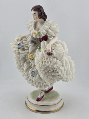 Antique Dresden Lace Porcelain Figurine Lady Dancer Flowers Germany MZ Crown 7”