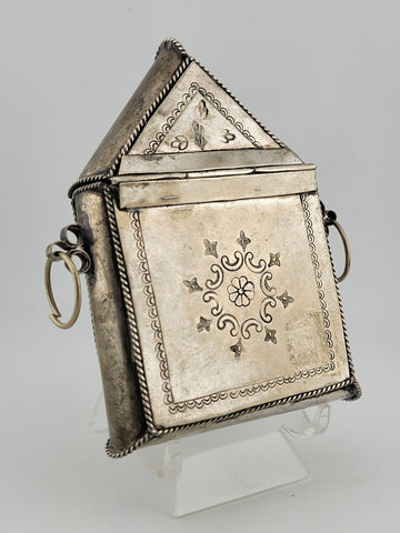 Rare Antique Engraved Quran Holder Box Ornate Koran Silver Case w Chain Handle.