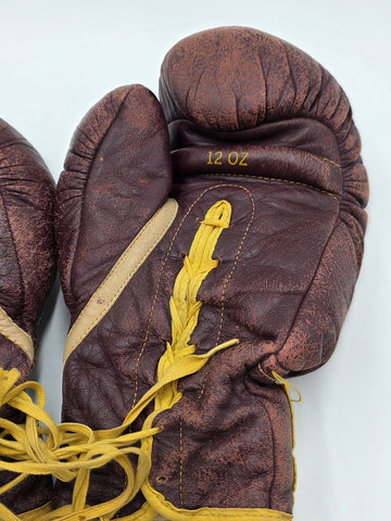Antique 1950s Everlast 12oz Brown Leather Lace-Up Boxing Gloves Made in USA