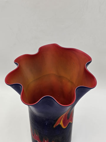 Vtg Azerbaijan Hand-Blown Art Glass Vase 13” Cobalt Red Flame Design Ruffled Top