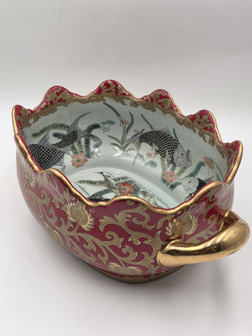 Antique XL Chinese handpainted Red porcelain 24kt gold Oval Footbath, Jardiniere