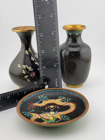 Gorgeous Assortment Of Mid Century  Cloisonne Including 2 VASES & 1 Plate.