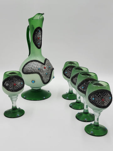 Gorgeous Vintage One Of A Kind Green Emerald Highly Ornate Pitcher & 5 Glasses