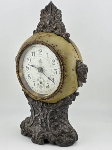 Antique F. Kroeber Metal Mantel Alarm  Clock c.1893 Ornate Victorian Windup Read