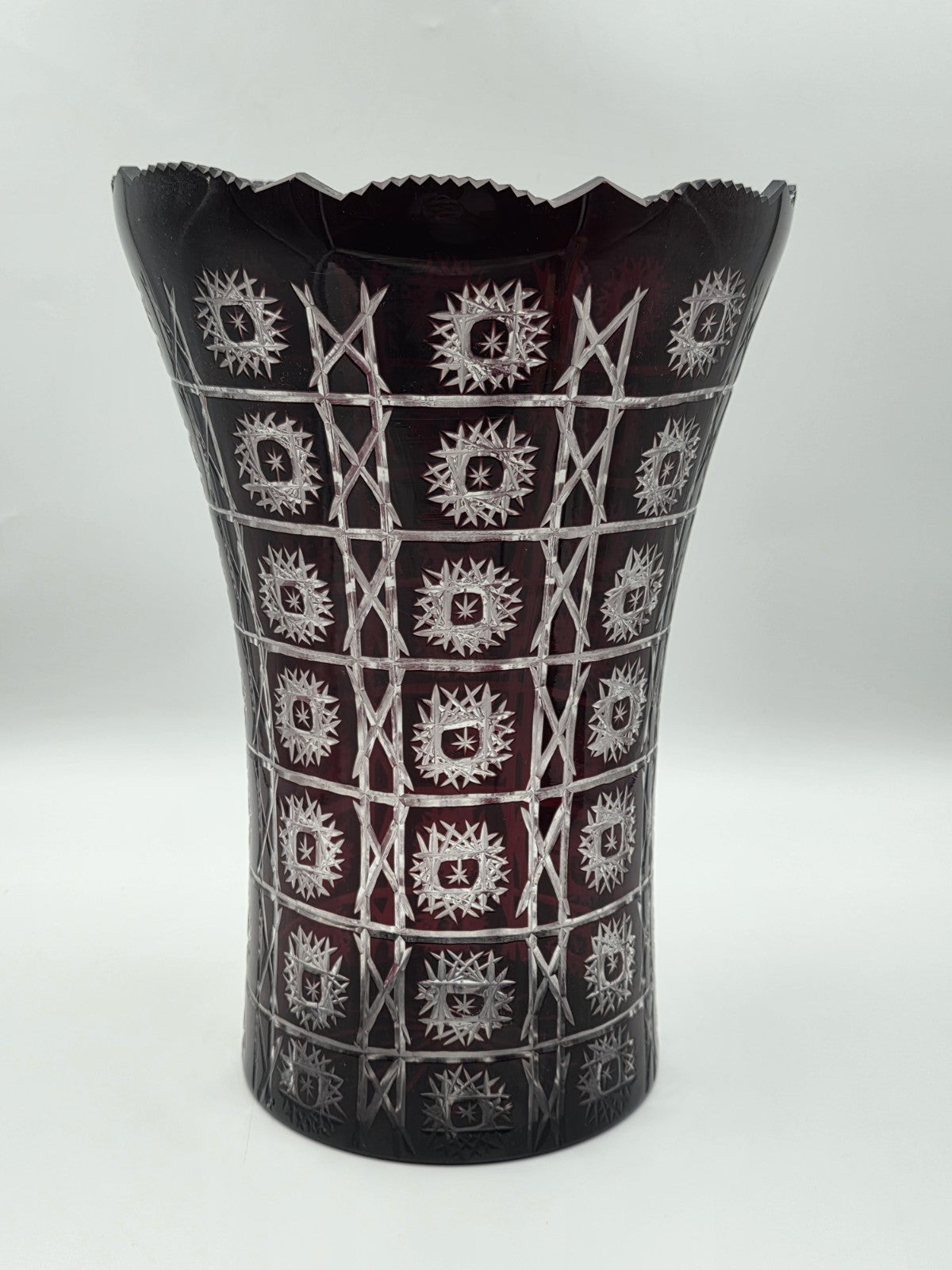 Rare Huge XL Bohemian Czech Ruby Cut to Clear Crystal Vase 14" Star Pattern